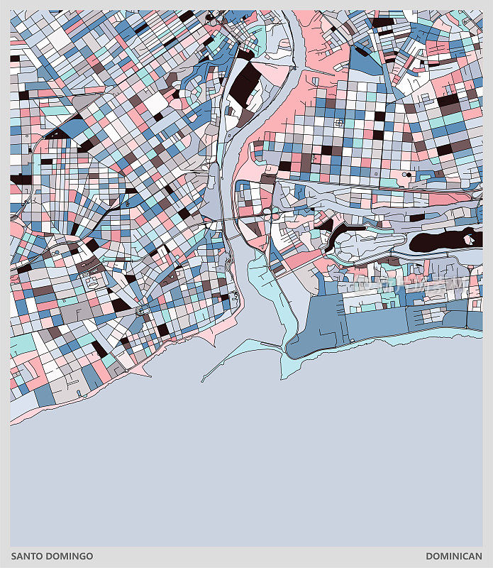 彩色艺术插图风格地图，圣多明各市，多米尼加