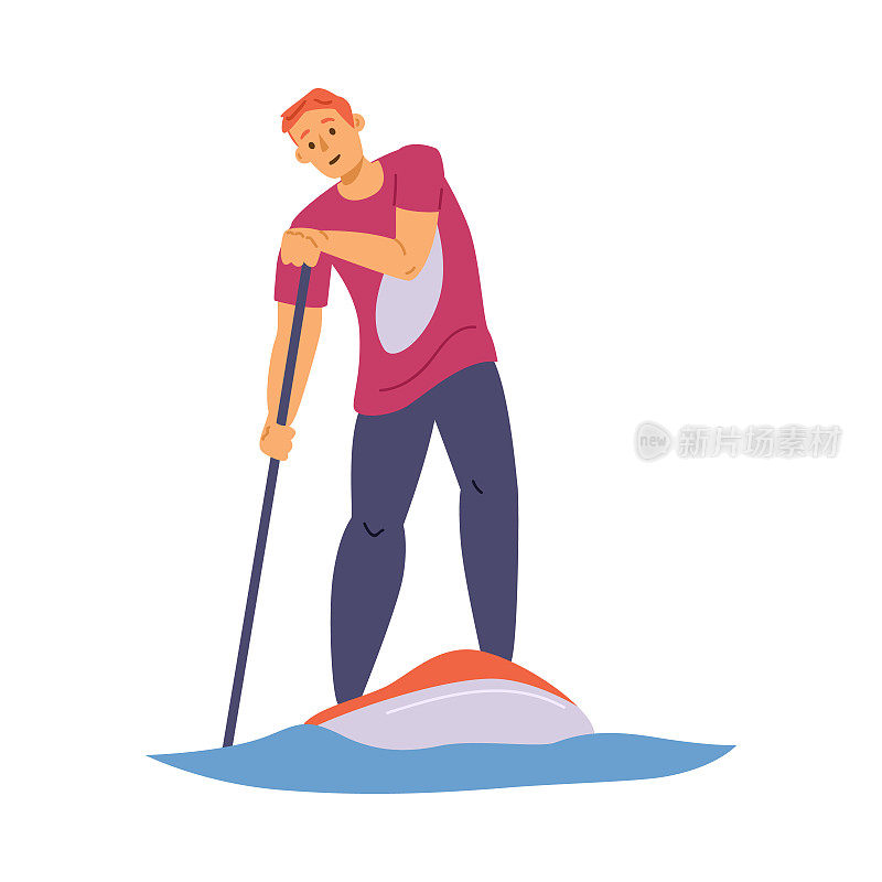 男子站在桨板与桨，平面矢量插图孤立。