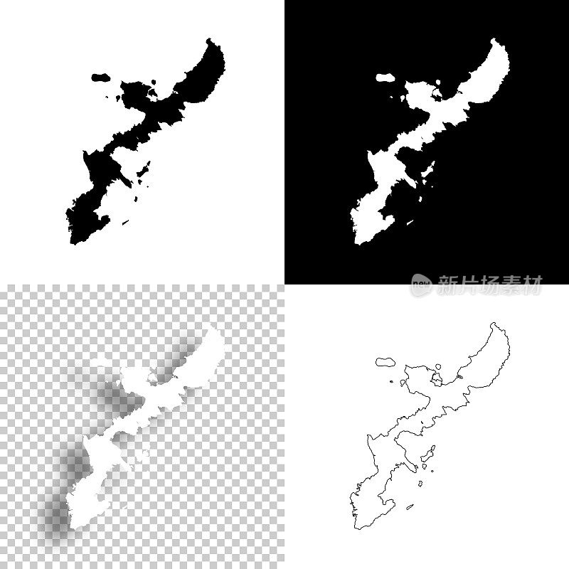 冲绳岛地图设计。空白，白色和黑色背景-线图标