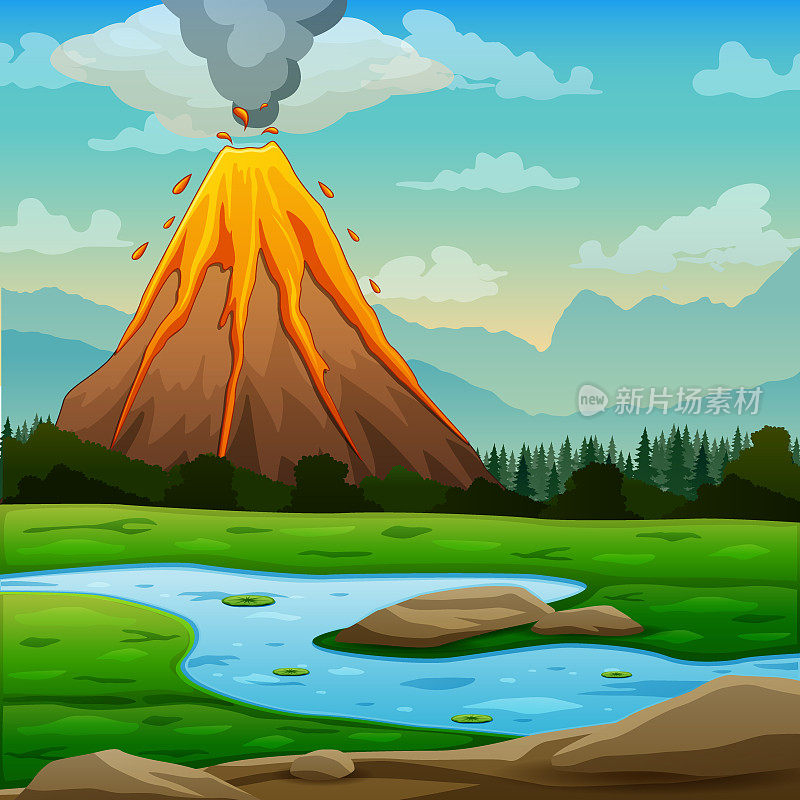 带有火山爆发插图的自然景观