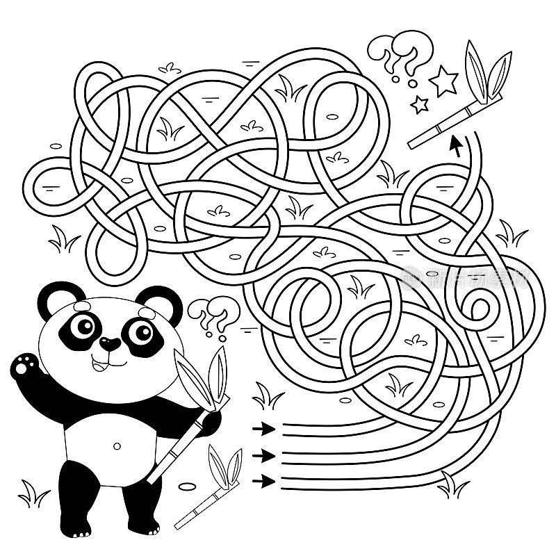迷宫或迷宫游戏。谜题。错综复杂的道路。着色页大纲卡通小熊猫与竹枝。儿童涂色书。