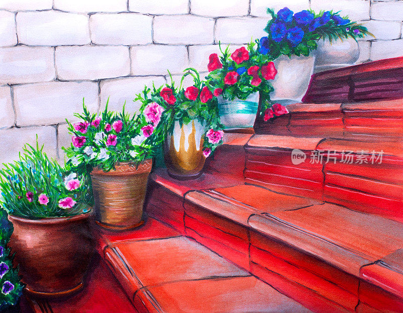 手绘红紫色盆栽天竺葵在楼梯上标记素描插图