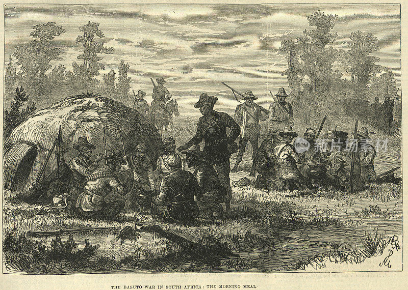 19世纪，南非，维多利亚时代的巴苏托枪战中，士兵们正在吃早餐