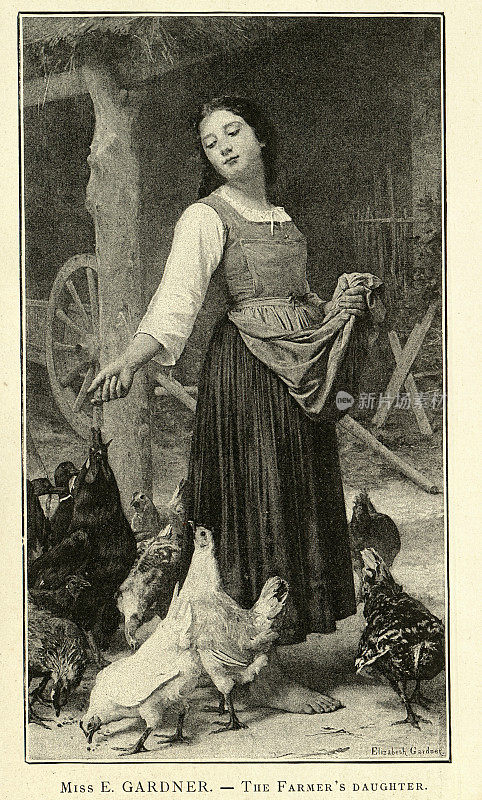 农夫的女儿在喂鸡，维多利亚时代的19世纪