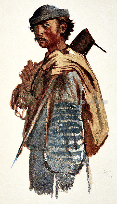 吉普赛男人的肖像，带帽子，侧视图