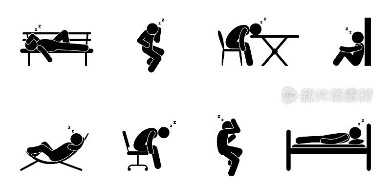 睡男人的图标，人们以各种姿势睡觉，棍子人累了，就在长凳上睡着了，在办公室和卧室里，人们的剪影孤立