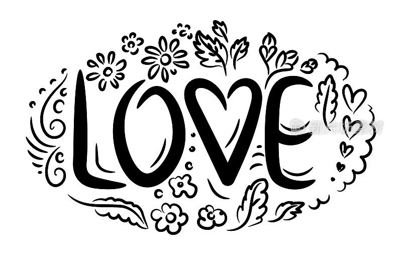 字母“LOVE”，这个词用鲜花和浪漫的符号来装饰。