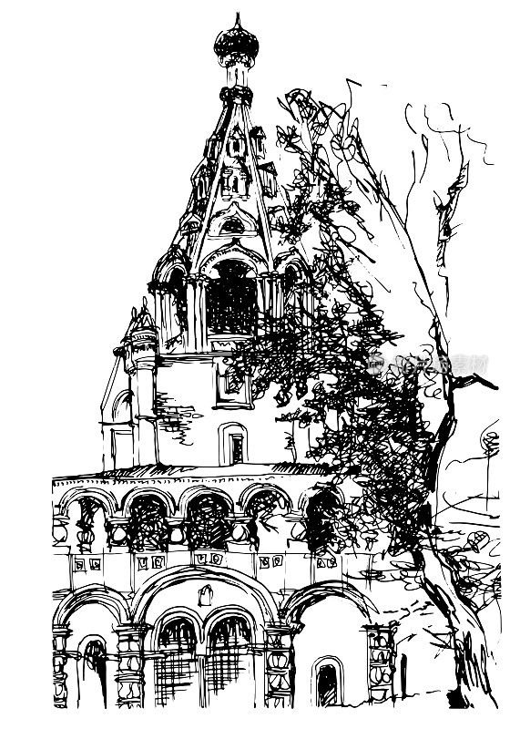 矢量描画手绘的古代钟楼建筑草图，传统的斜屋顶，分层屋顶窗，桶柱拱廊