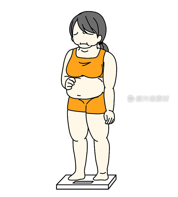 这是一个女人在称体重，担心她松弛的腹部的例子。