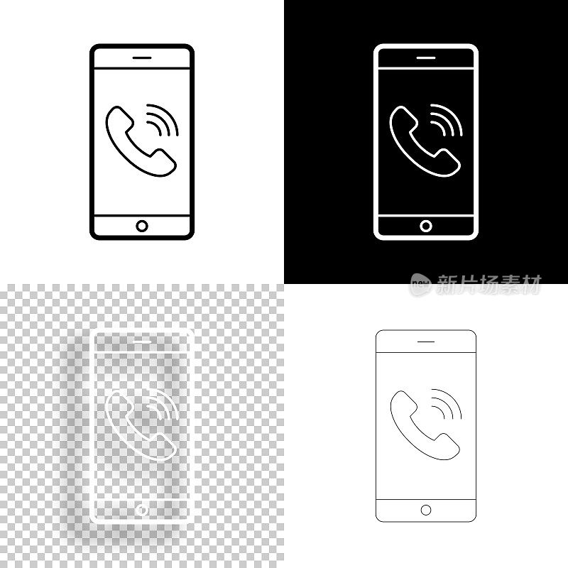带有来电功能的智能手机。图标设计。空白，白色和黑色背景-线图标