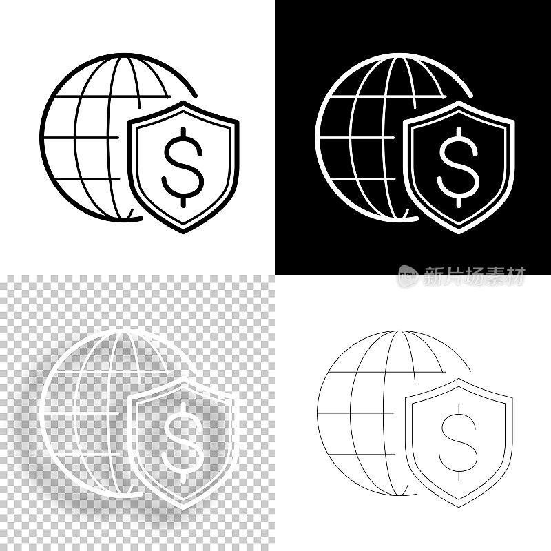 美元盾和地球仪。图标设计。空白，白色和黑色背景-线图标