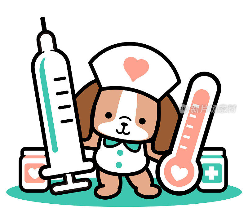 一个可爱的狗护士站在那里，手里拿着注射器、体温计和药瓶