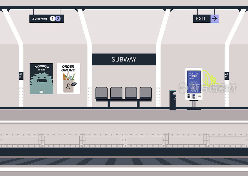 空无一人的地铁站台，墙上挂着一张长椅和商业海报