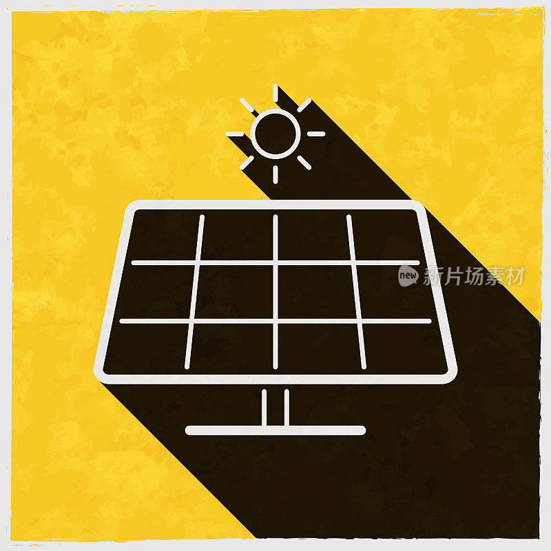 太阳能电池板与太阳。图标与长阴影的纹理黄色背景