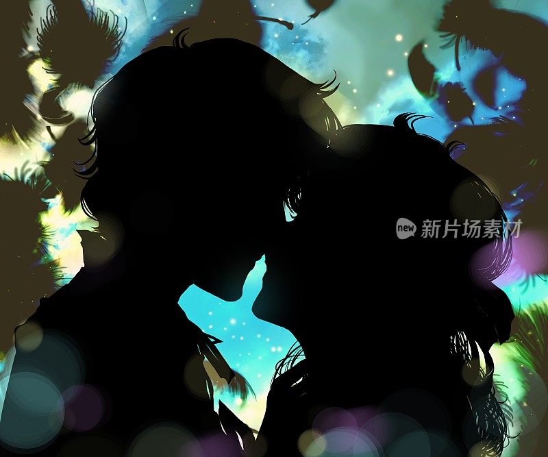 浪漫的背景，黑白剪影插图的年轻夫妇在爱亲吻和蓬松的天使白色羽毛跳舞。