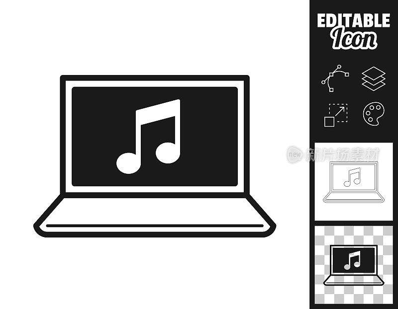 音乐上的笔记本电脑。图标设计。轻松地编辑
