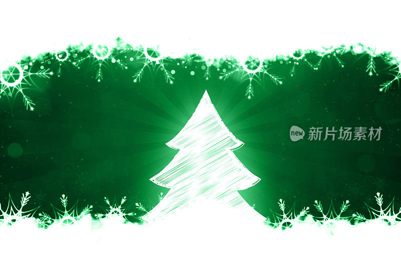 创意深绿色的圣诞节背景与一个白色的针叶树照明圣诞树与雪花在地面和顶部边缘和阳光或微妙的太阳爆发的背景