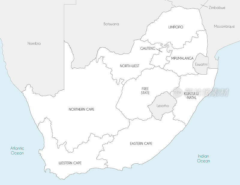 矢量地图的南非各省和行政区划，和邻国。可编辑和明确标记层。