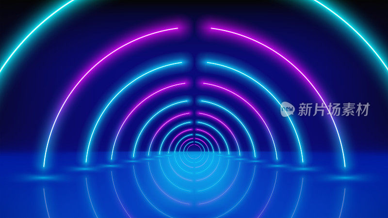 发光的霓虹灯线，隧道，led舞台。技术背景抽象，虚拟现实。粉红蓝紫的霓虹灯走廊的圆圈，透视。紫外线明亮的光芒。矢量图