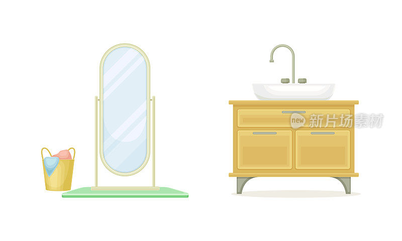 白色浴室水槽盆地与水龙头和玻璃镜子站孤立在白色背景矢量插图集