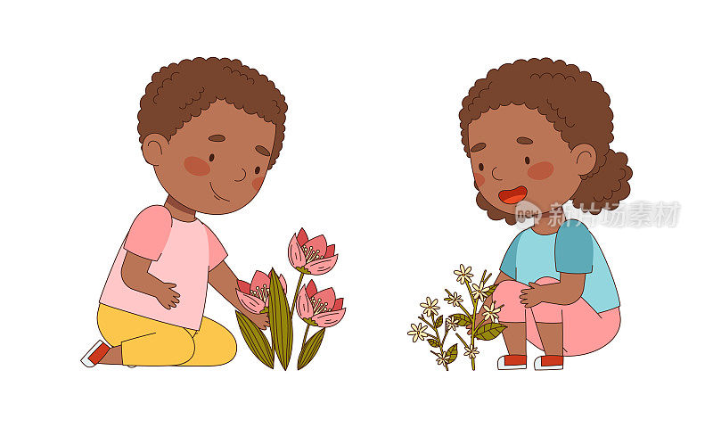 快乐的小男孩和女孩用春天或夏天的花设置卡通矢量插画