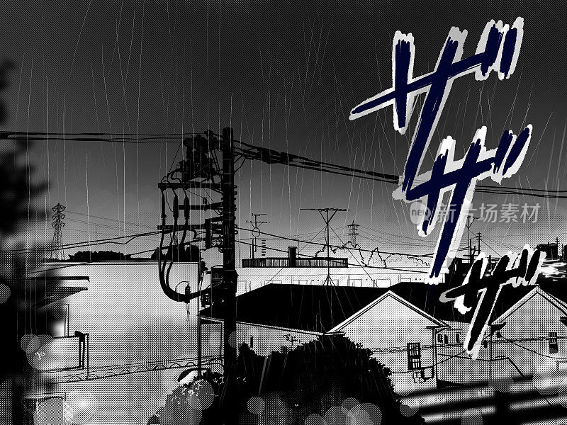 日本居民区和雨在傍晚天空下的剪贴艺术景观漫画风格的插图