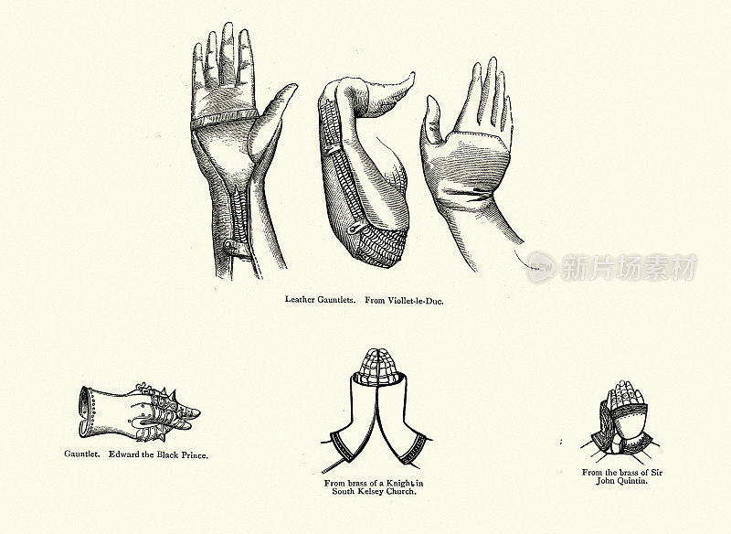 中世纪盔甲，护手类型的复古插图