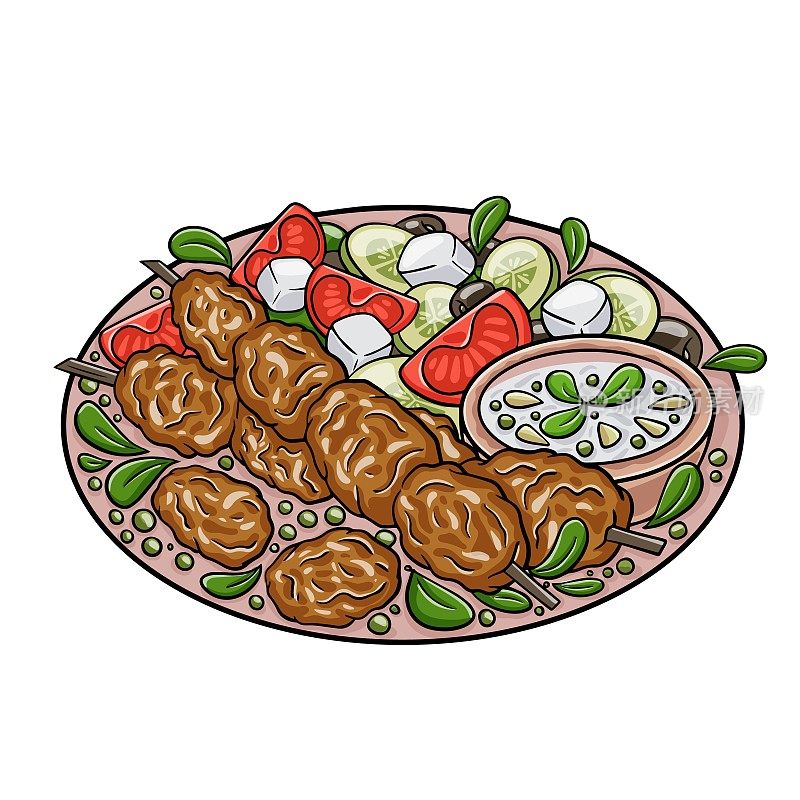 希腊鸡肉串配沙拉酱和新鲜蔬菜，烤串。孤立矢量图。