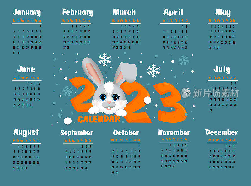 历法2023年以兔(兔)为年号。一周从星期一开始。