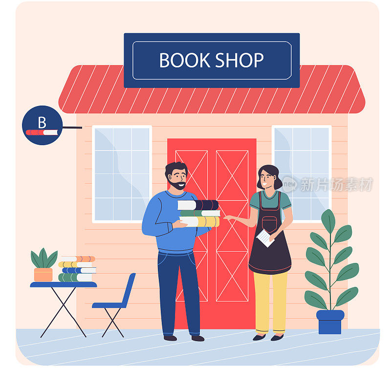 男人在小书店附近向女人买书。女商人在商店里卖书给读者