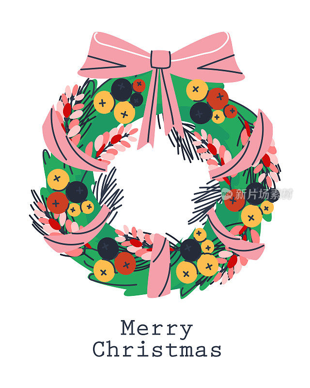用绿色的圣诞树树枝做成的装饰花环。用粉色丝带和浆果装饰。寒假的传统装饰。