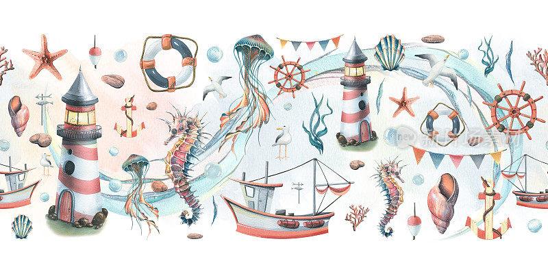 无缝板与海洋水下居民，灯塔和船。水彩插图在白色背景与洗从海洋的交响乐集合。
