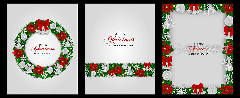 一套带纸装饰的圣诞卡片。圣诞背景有纸球，假雪花，铃铛，一品红花和纸花环