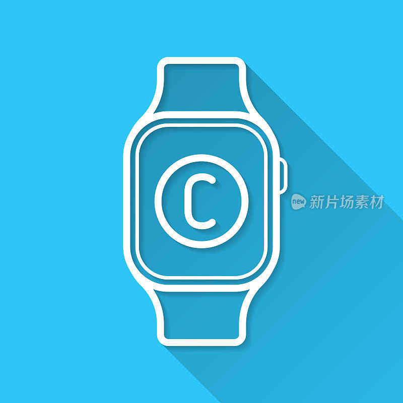 智能手表与版权符号。图标在蓝色背景-平面设计与长阴影
