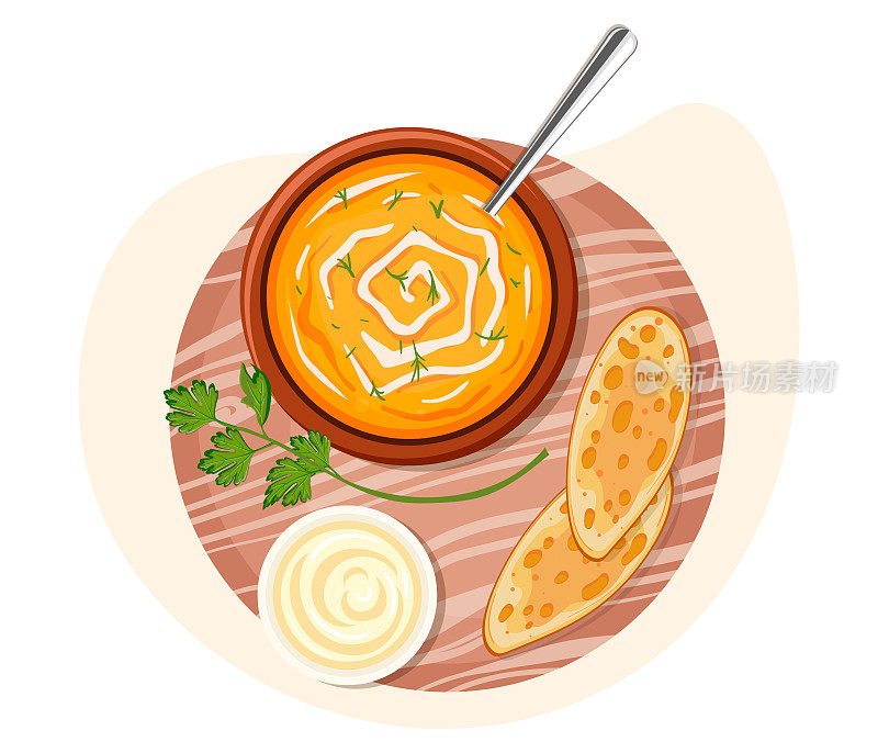 标志性的南瓜奶油汤，午餐，素食健康晚餐。美味的土豆泥食物菜单的图像。开胃的素食餐厅盘子与勺子。菜肴新鲜烹饪，孤立平面矢量插图