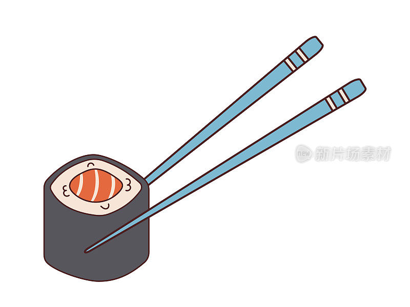 矢量寿司和筷子的复古风格。木筷子夹寿司卷和鲑鱼。