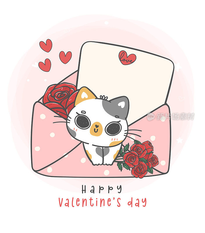 可爱甜美的情人节印花布小猫猫在粉色爱情信封红玫瑰卡通，情人节快乐，动物涂鸦手绘插图矢量