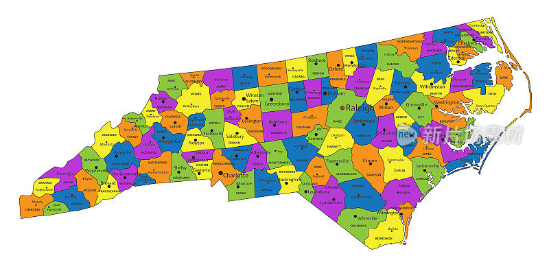 色彩丰富的北卡罗来纳州政治地图，清楚地标记，分开的层。矢量插图。
