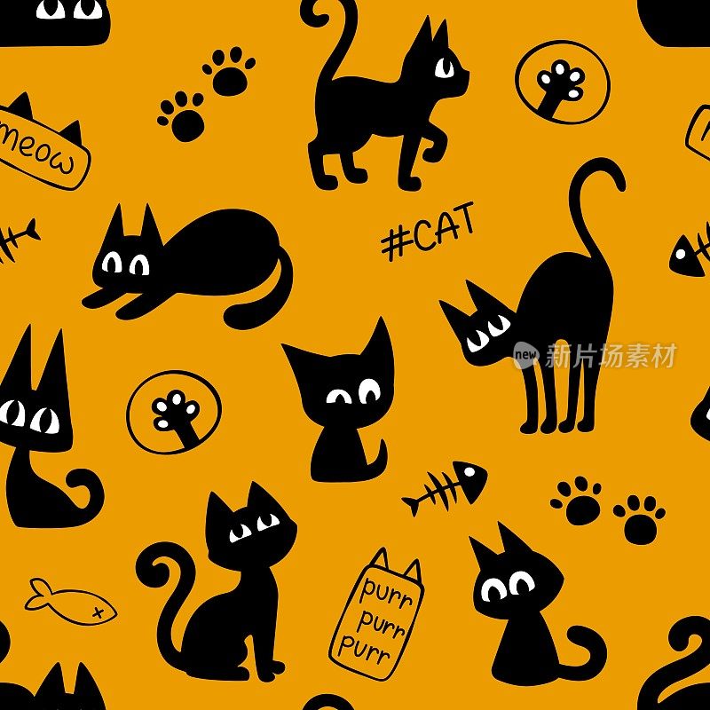 可爱的卡通黑猫万圣节无缝图案。猫背景万圣节和其他设计。黄色的背景上有有趣的猫、铭文和爪子。