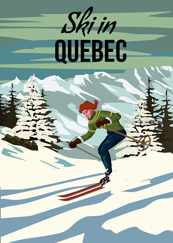 魁北克滑雪胜地。加拿大冬季风景旅游卡