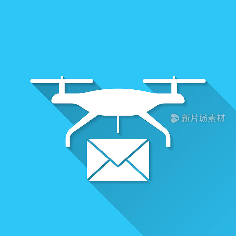 送邮件的无人机。图标在蓝色背景-平面设计与长阴影