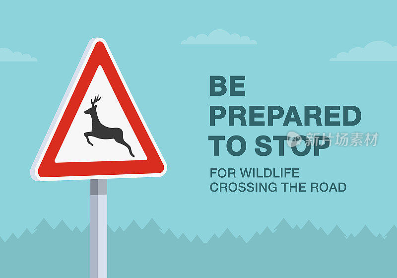 安全驾驶须知及交通规则。“野生动物过马路，请准备停车”的交通标志。特写镜头。