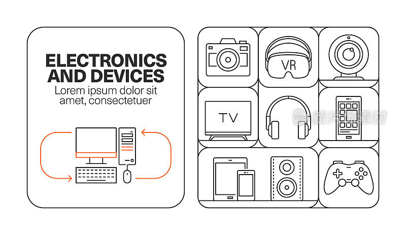 电子和设备横幅线图标集设计