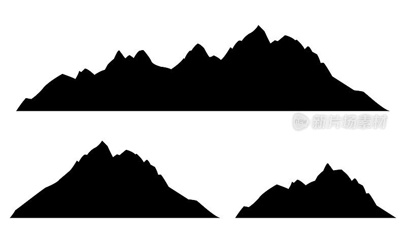 山剪影集。落基山脉的黑色标志。景观设计元素。矢量插图。