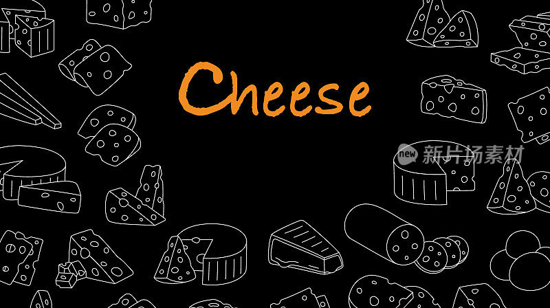 奶酪产品横幅。奶酪菜单设计插图。切达干酪、卡门培尔干酪、砖干酪、马苏里拉干酪、马斯丹干酪、布里干酪、罗克福尔干酪、豪达干酪、菲达干酪和帕尔马干酪