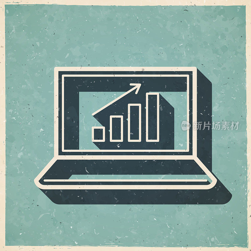 笔记本电脑上的成长图表。图标复古复古风格-旧纹理纸