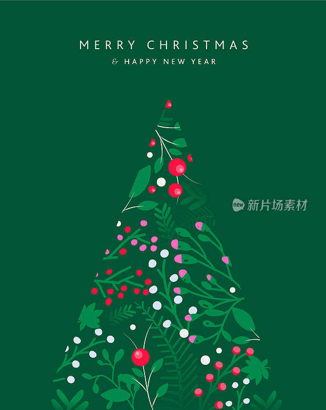 圣诞快乐和新年快乐的圣诞树贺卡设计模板绿色手绘树枝和花卉