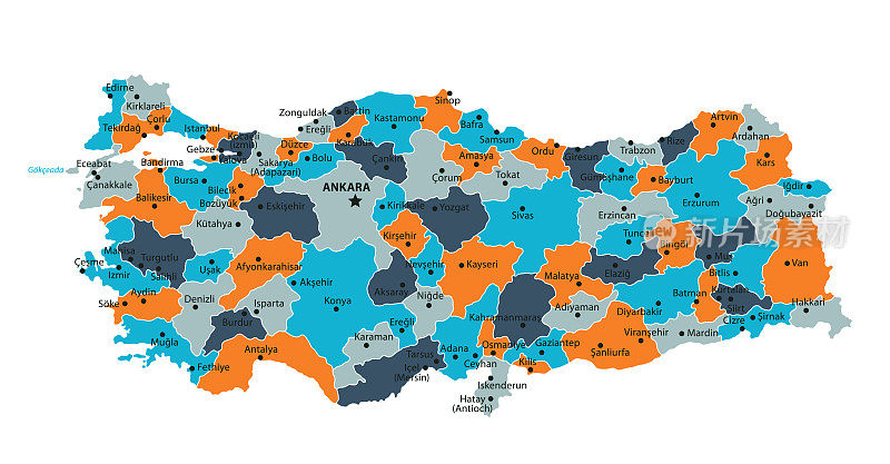 土耳其的地图。矢量彩色地图的土耳其