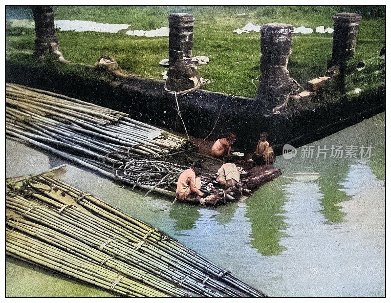 古董黑白照片:菲律宾帕西格河上的竹筏