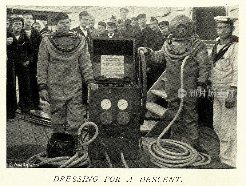 19世纪90年代，身穿深海潜水服的英国皇家海军潜水员